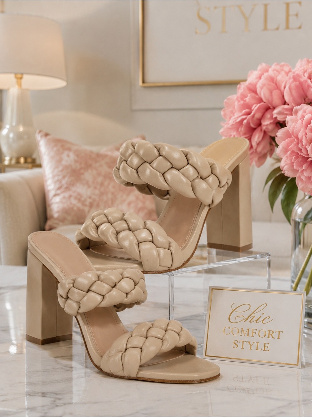 Elegant Braided Strap Women's Heels - Cream-Size 5